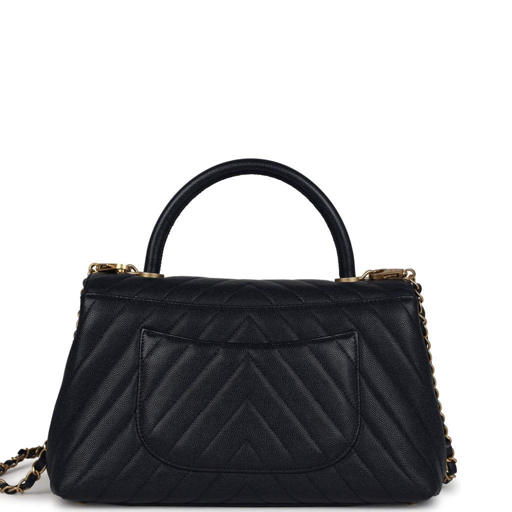 Pre-owned Chanel Small Coco Top Handle Navy Blue Chevron Caviar Antique Gold Hardware