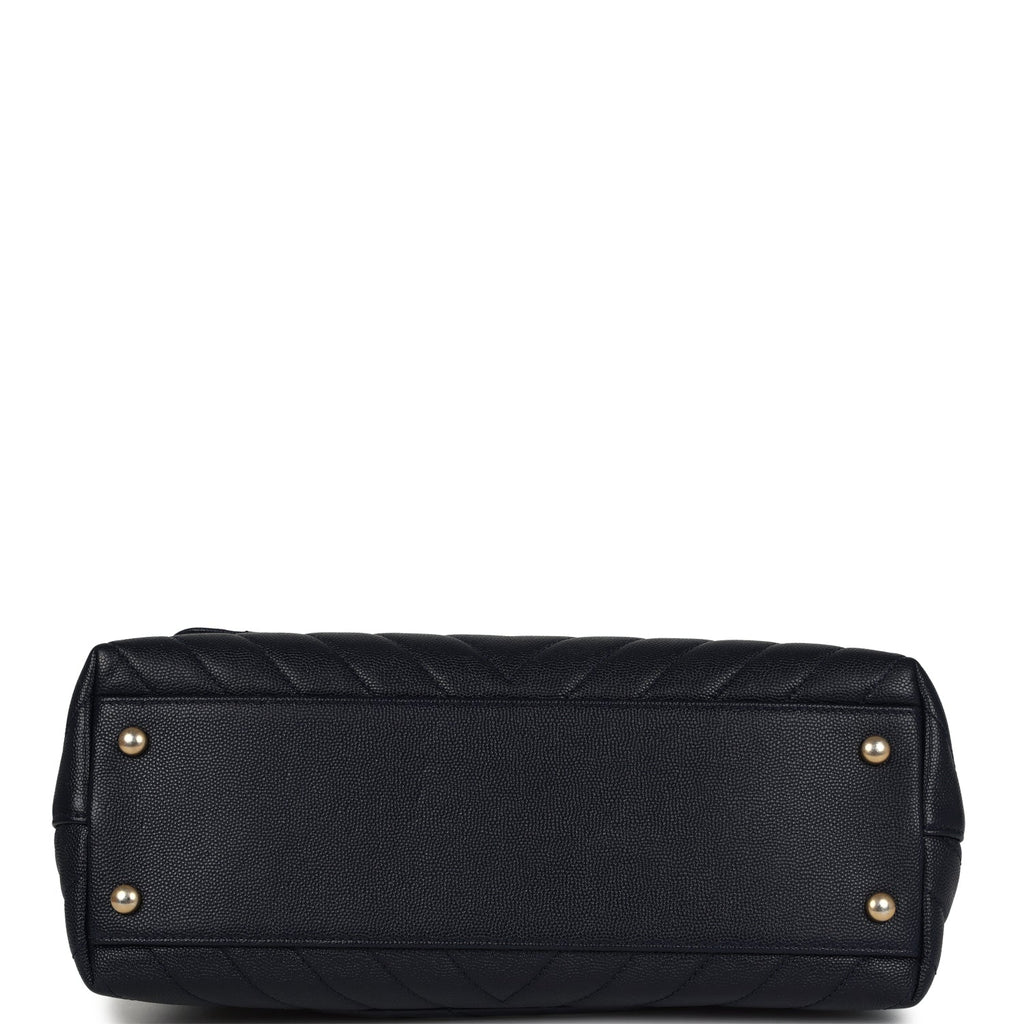 Pre-owned Chanel Small Coco Top Handle Navy Blue Chevron Caviar Antique Gold Hardware
