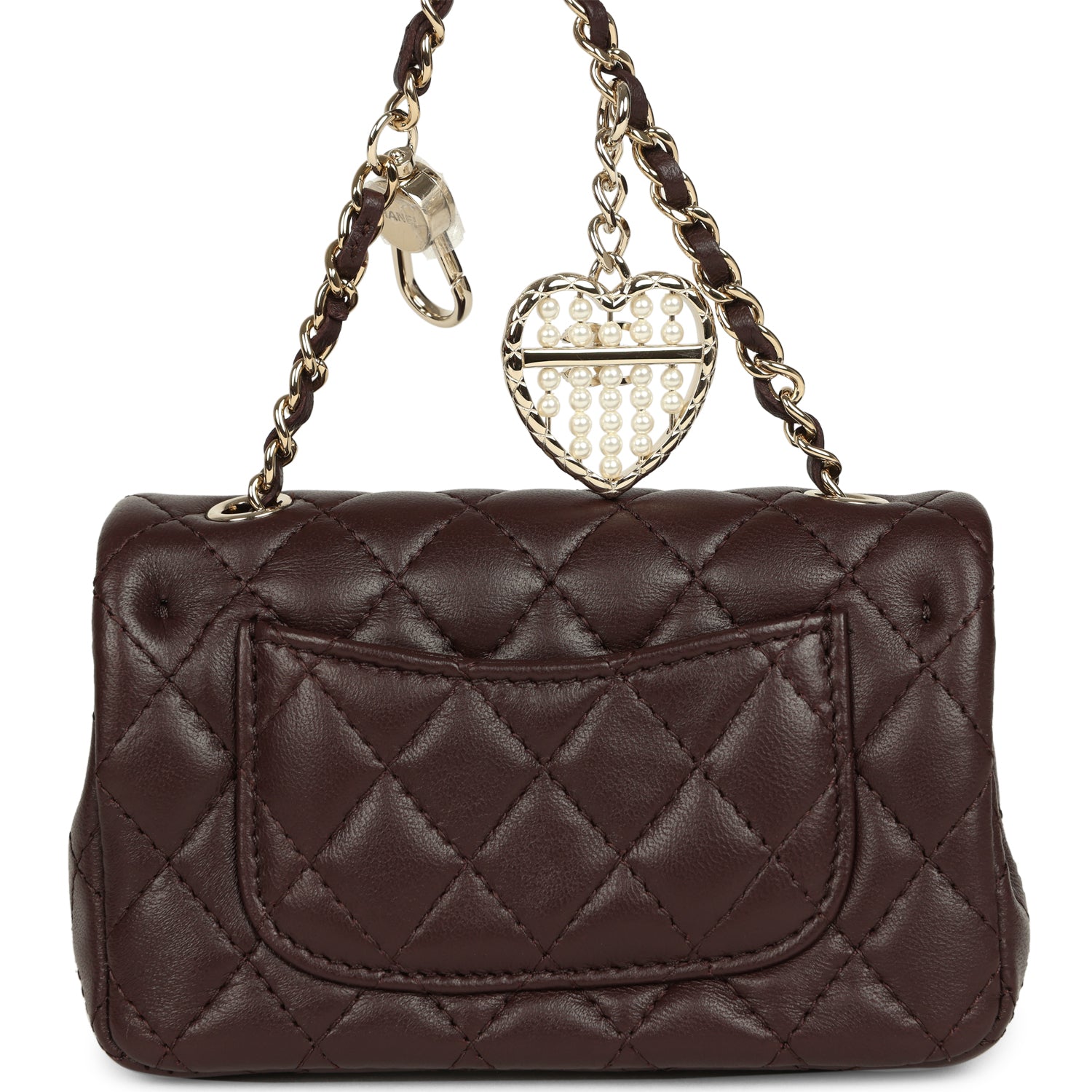 Chanel Nano Classic Double Flap Bag Charm Dark Brown Lambskin Light Gold Hardware