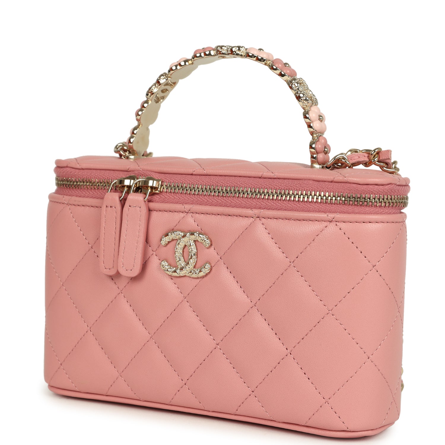 Chanel Flower Top Handle Long Vanity Case with Chain Pink Lambskin Light Gold Hardware