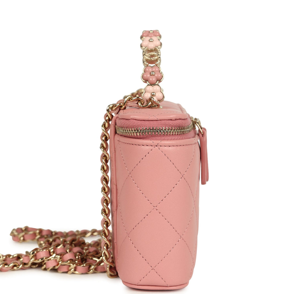 Chanel Flower Top Handle Long Vanity Case with Chain Pink Lambskin Light Gold Hardware