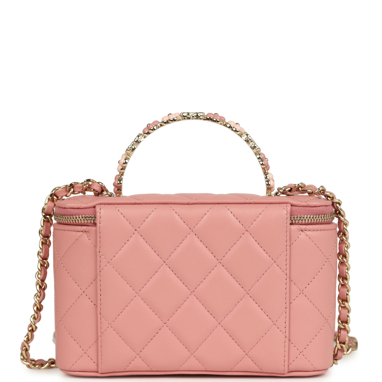 Chanel Flower Top Handle Long Vanity Case with Chain Pink Lambskin Light Gold Hardware