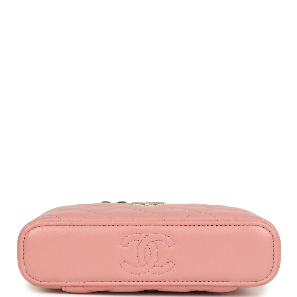 Chanel Flower Top Handle Long Vanity Case with Chain Pink Lambskin Light Gold Hardware
