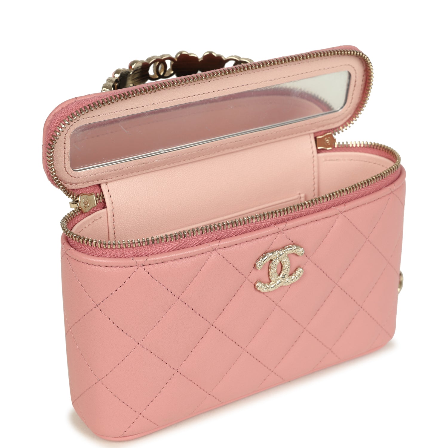 Chanel Flower Top Handle Long Vanity Case with Chain Pink Lambskin Light Gold Hardware