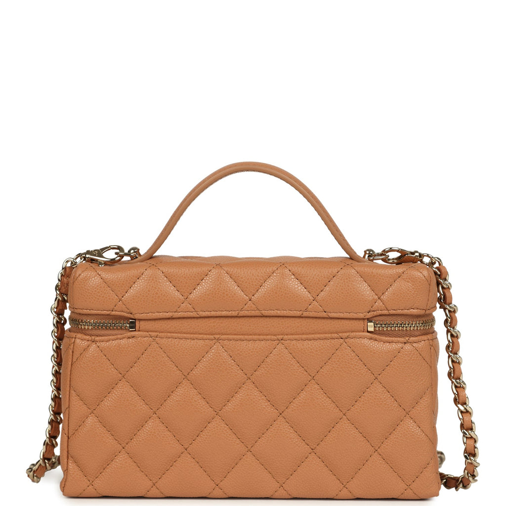 Chanel Top Handle Long Vanity Case with Chain Dark Beige Shiny Caviar Light Gold Hardware