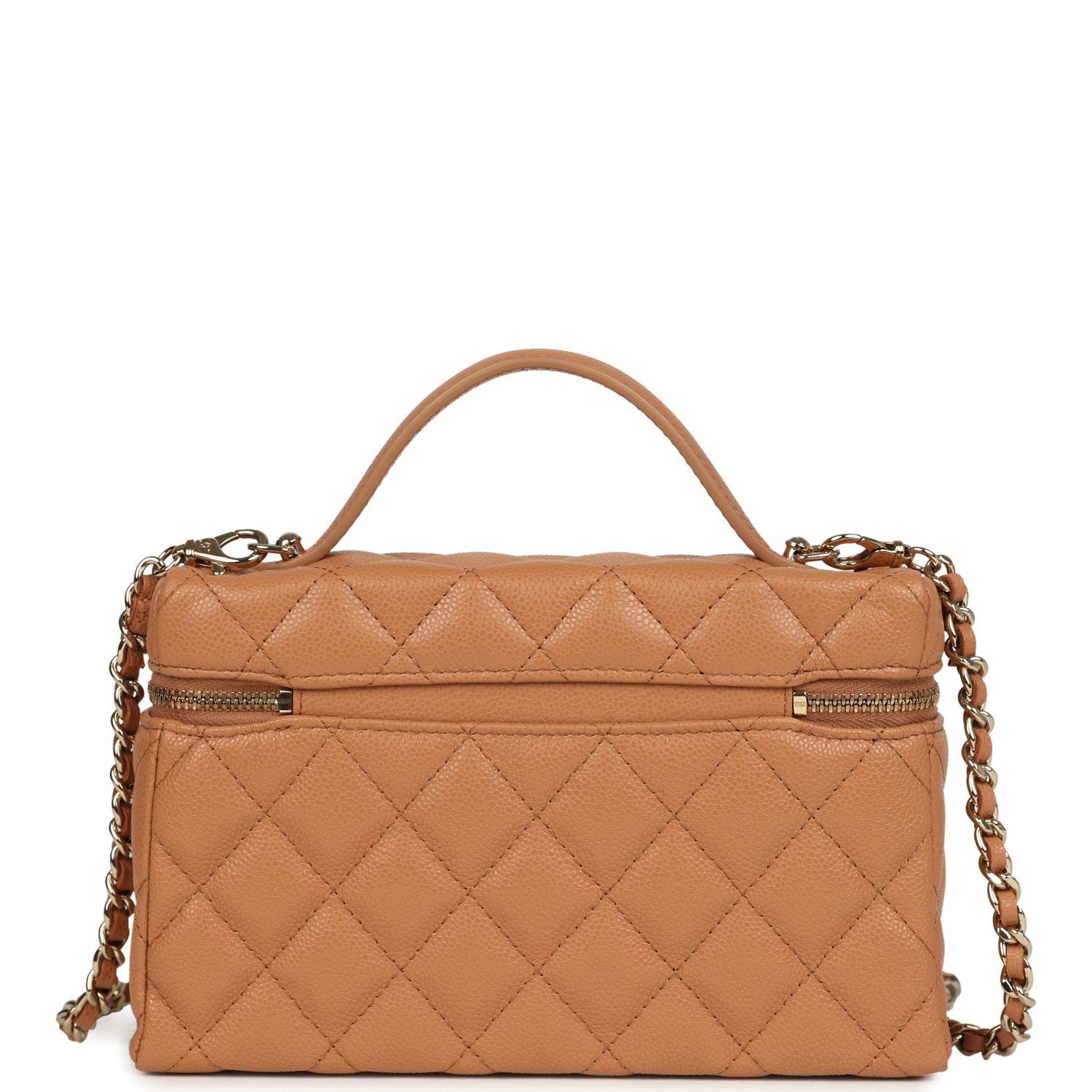 Chanel Top Handle Long Vanity Case with Chain Dark Beige Shiny Caviar Light Gold Hardware