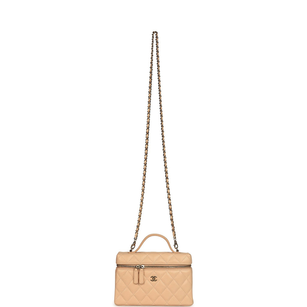 Chanel Top Handle Long Vanity Case with Chain Light Beige Shiny Caviar Light Gold Hardware