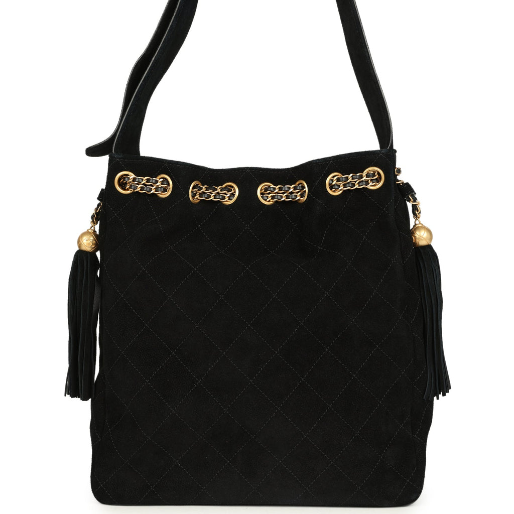 Chanel Large Drawstring Bucket Bag Black Suede Gold Hardware