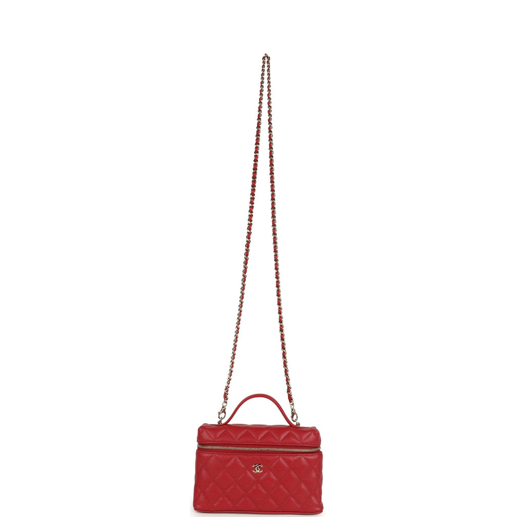 Chanel Top Handle Long Vanity Case with Chain Red Shiny Caviar Light Gold Hardware