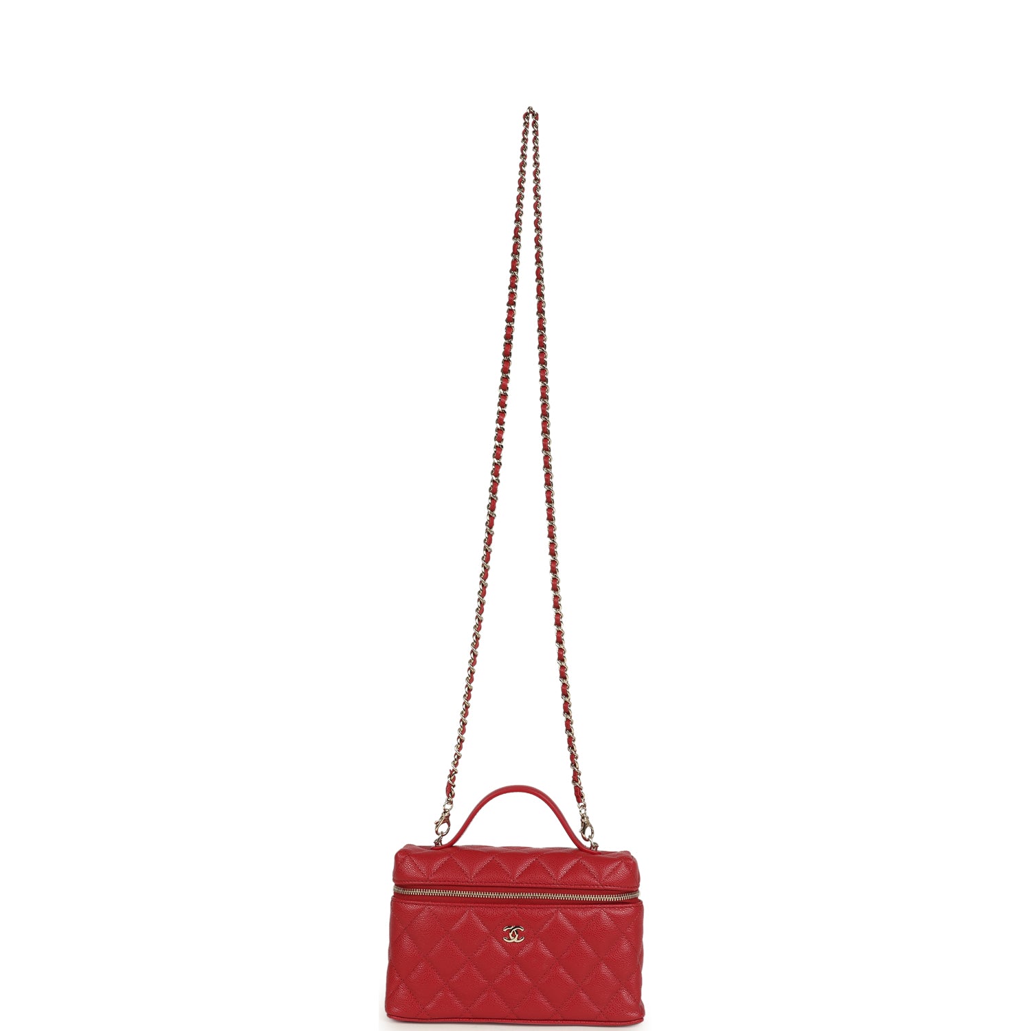Chanel Top Handle Long Vanity Case with Chain Red Shiny Caviar Light Gold Hardware