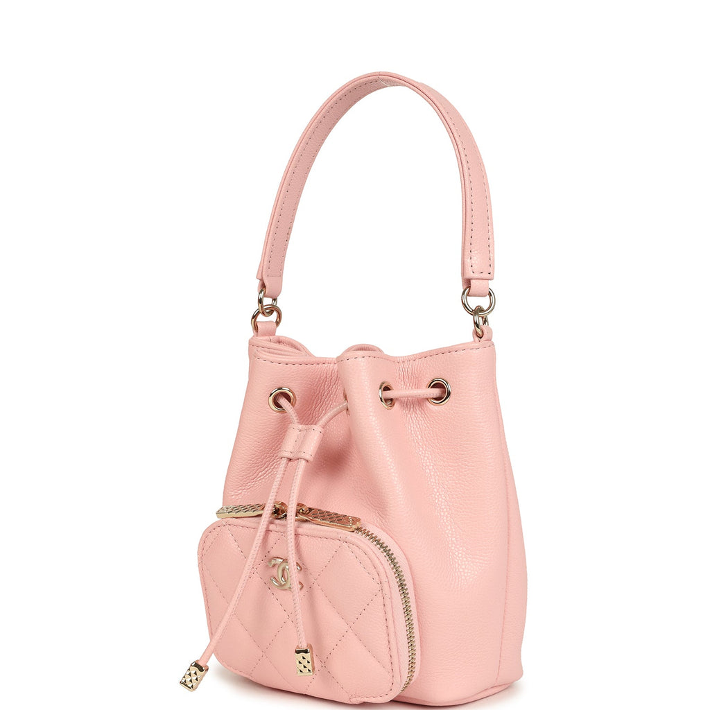 Chanel Mini Top Handle Bucket Bag with Chain Pink Shiny Caviar Light Gold Hardware