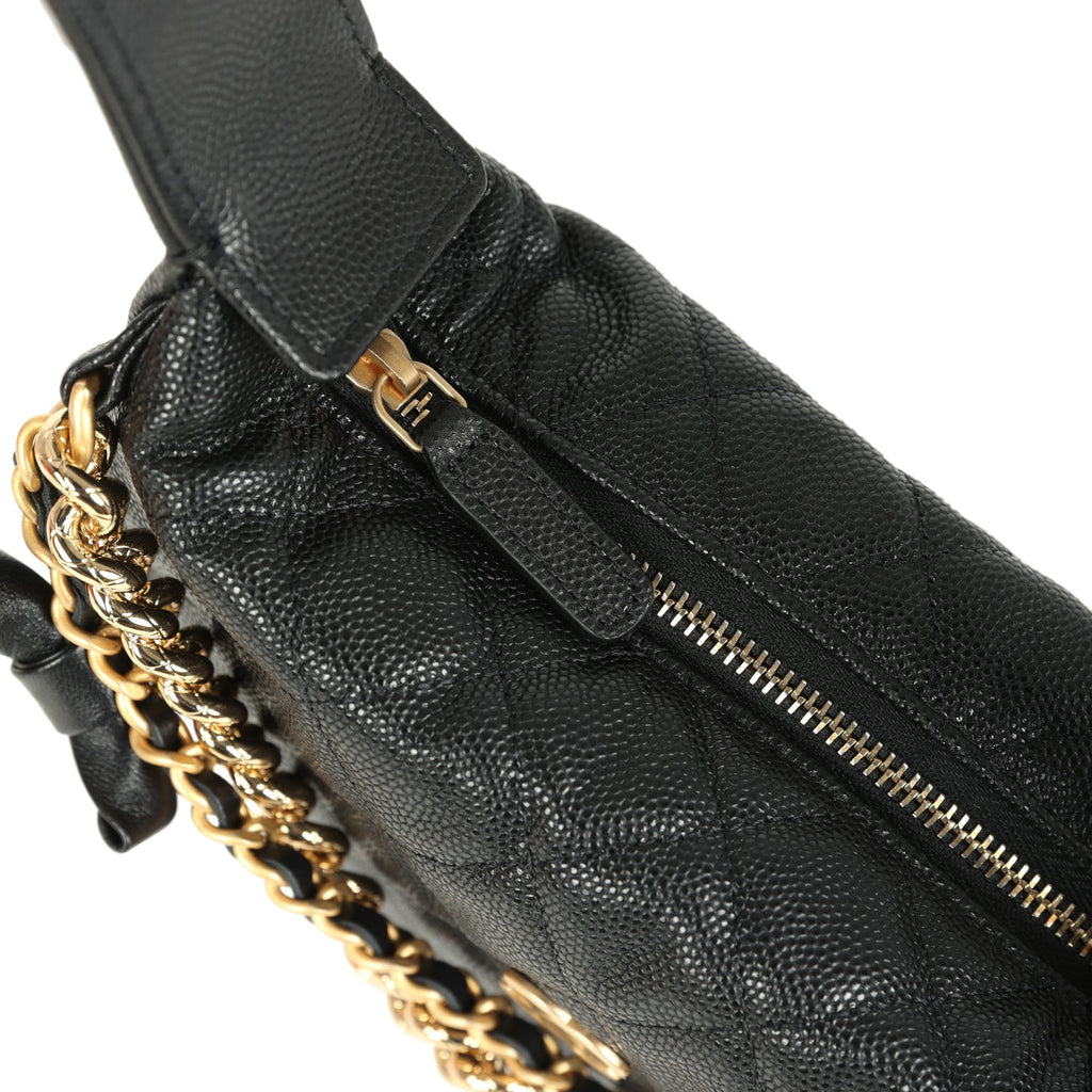 Chanel Mini Round Hobo Pouch Bag Black Shiny Caviar Mixed Metal Hardware