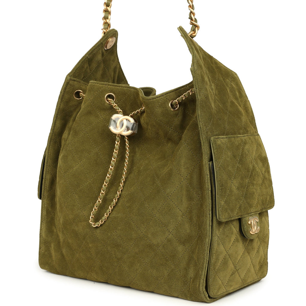 Chanel Medium 25 Hobo Bag Khaki Suede Antique Gold Hardware