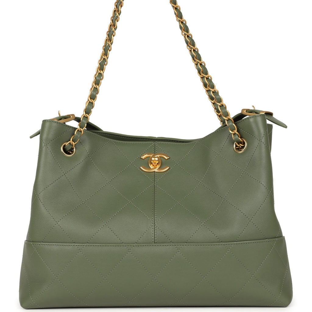 Chanel Small Coco Hobo Bag Khaki Calfskin Antique Gold Hardware