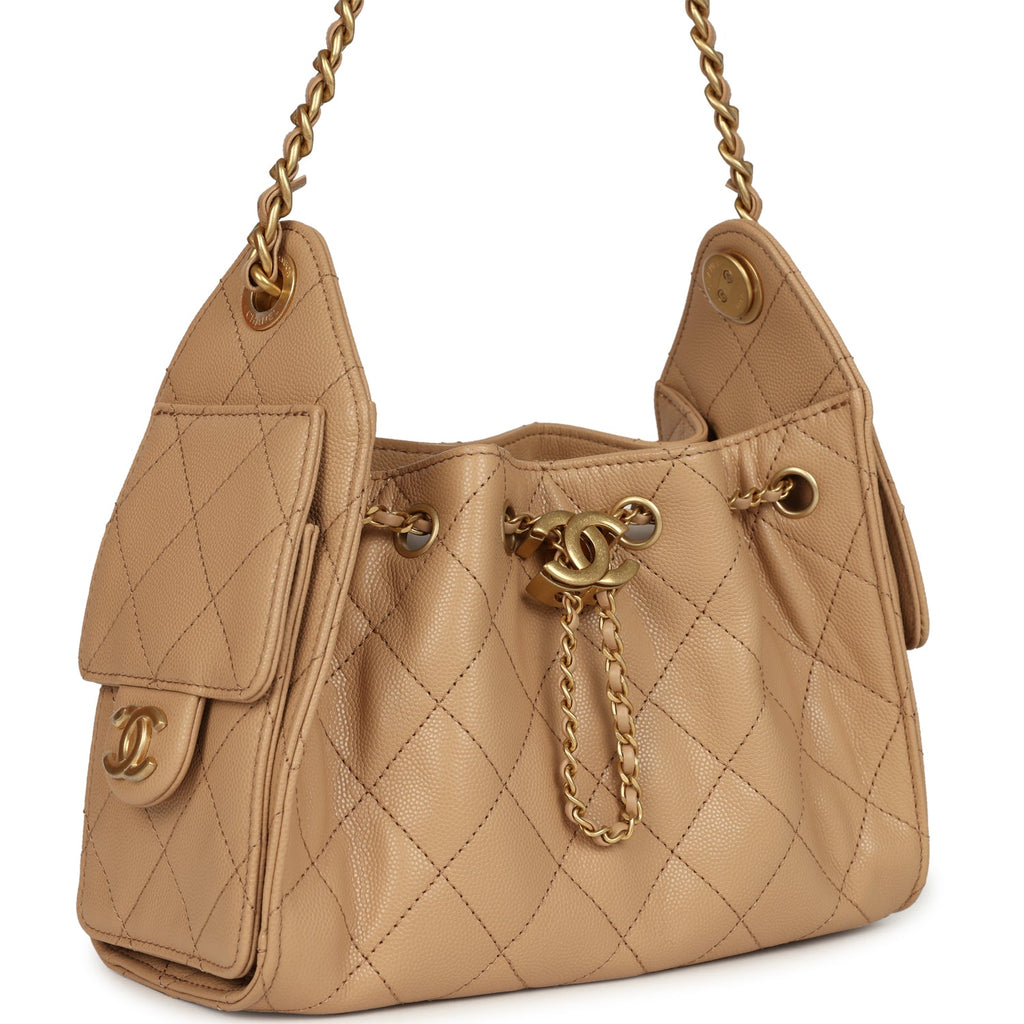 Chanel Mini 25 Hobo Bag Beige Caviar Antique Gold Hardware