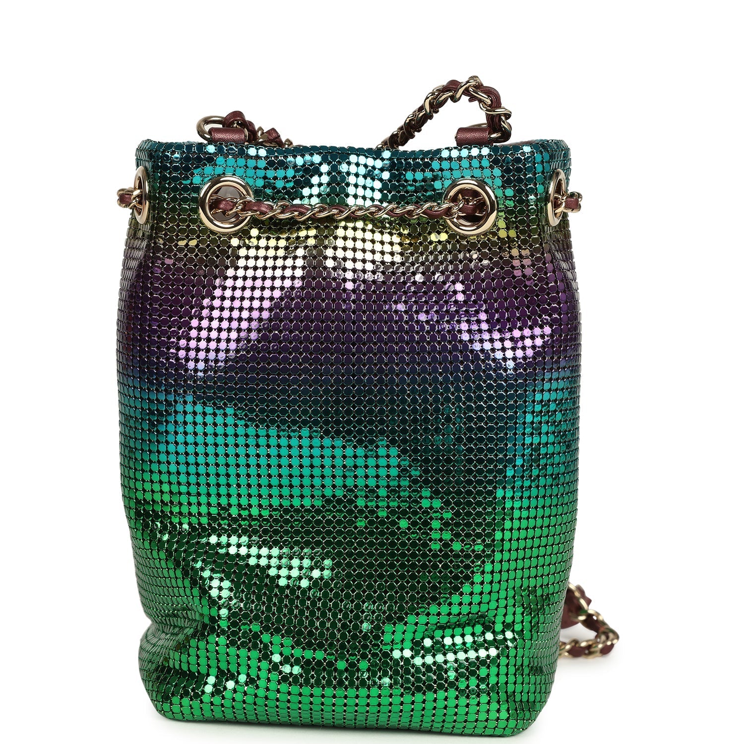 Pre-owned Chanel Mini Bucket Bag Green, Purple and Blue Ombre Metallic Mesh Light Gold Hardware