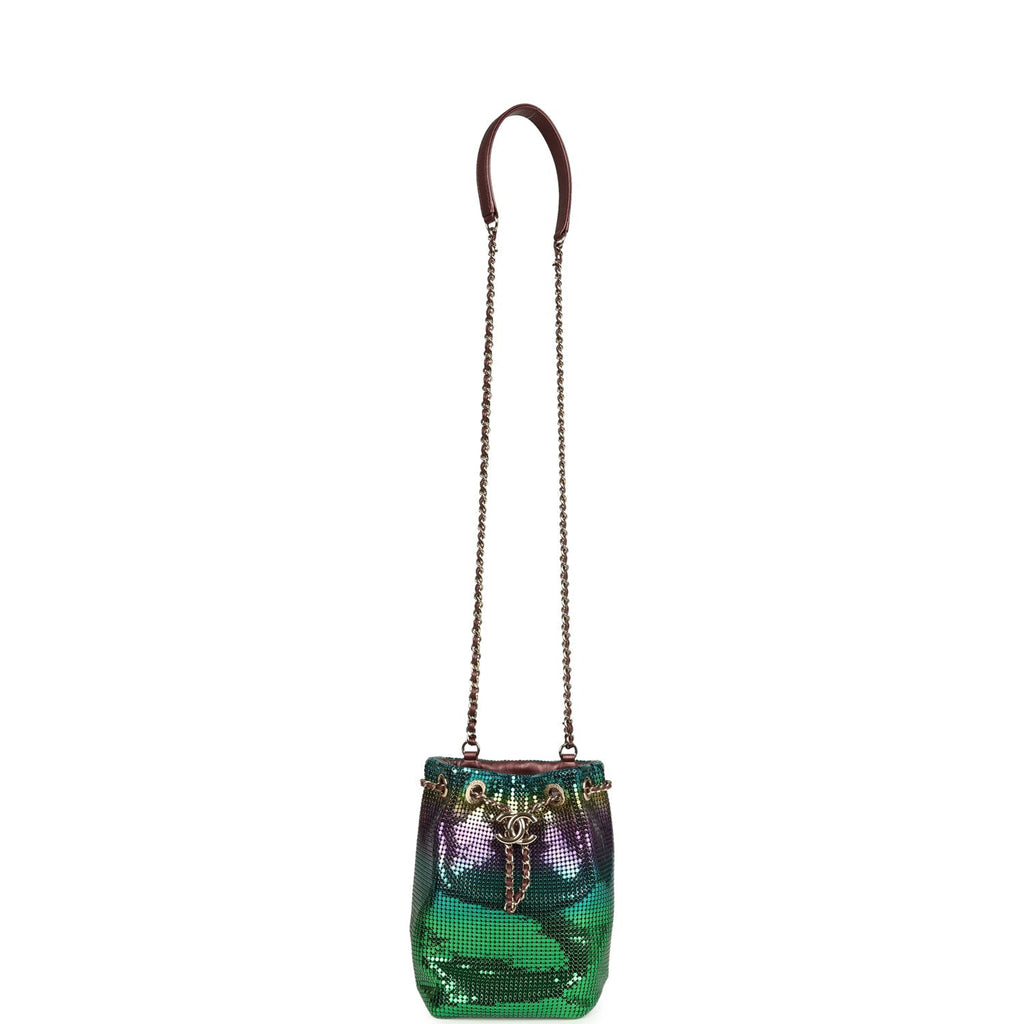 Pre-owned Chanel Mini Bucket Bag Green, Purple and Blue Ombre Metallic Mesh Light Gold Hardware