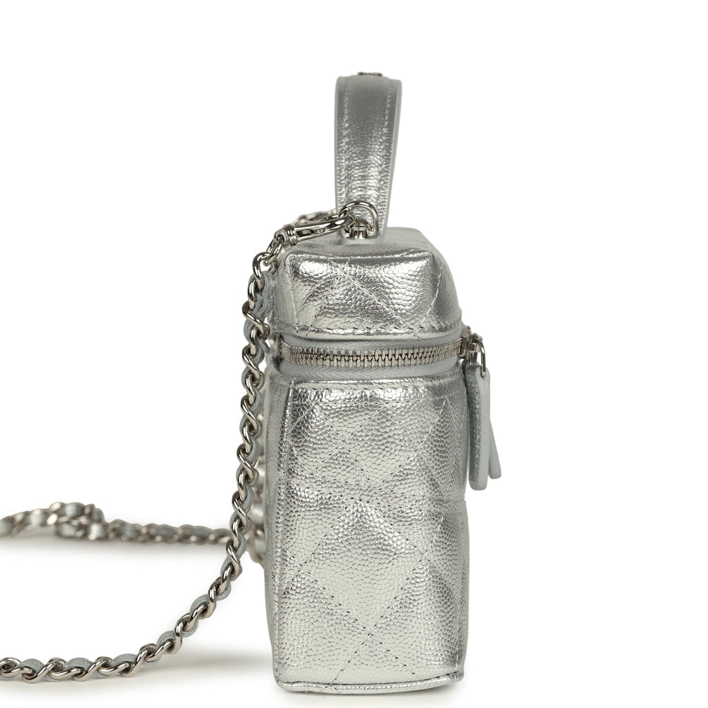 Chanel Top Handle Long Vanity Case with Chain Metallic Silver Shiny Caviar Silver Hardware