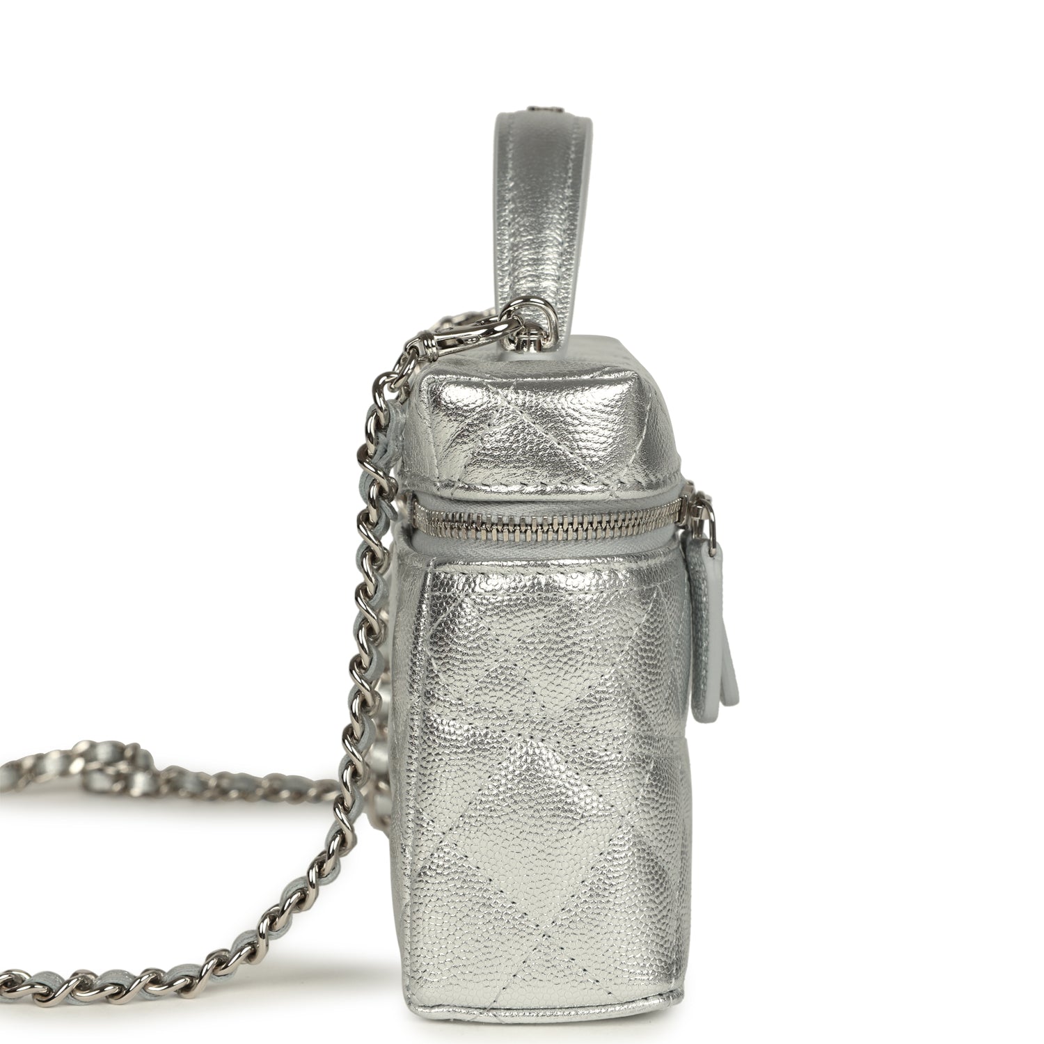 Chanel Top Handle Long Vanity Case with Chain Metallic Silver Shiny Caviar Silver Hardware