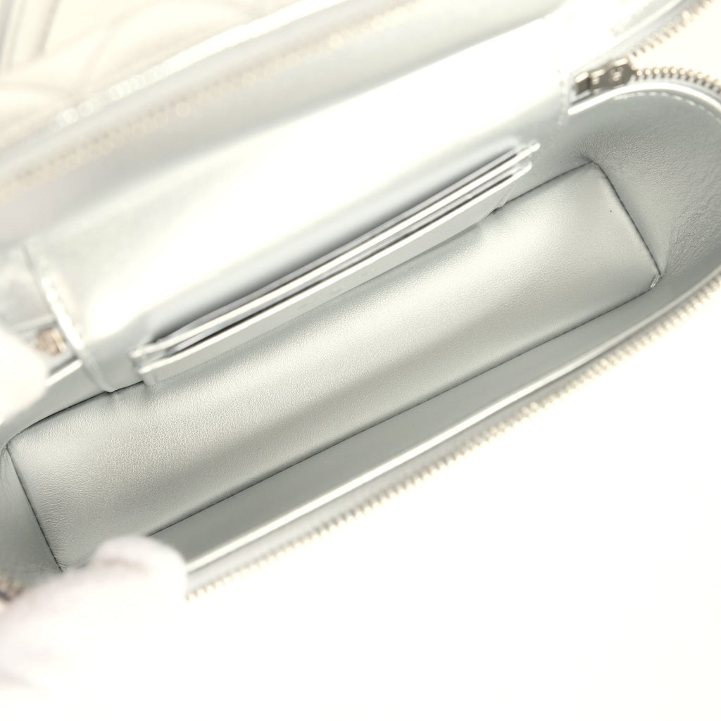 Chanel Top Handle Long Vanity Case with Chain Metallic Silver Shiny Caviar Silver Hardware