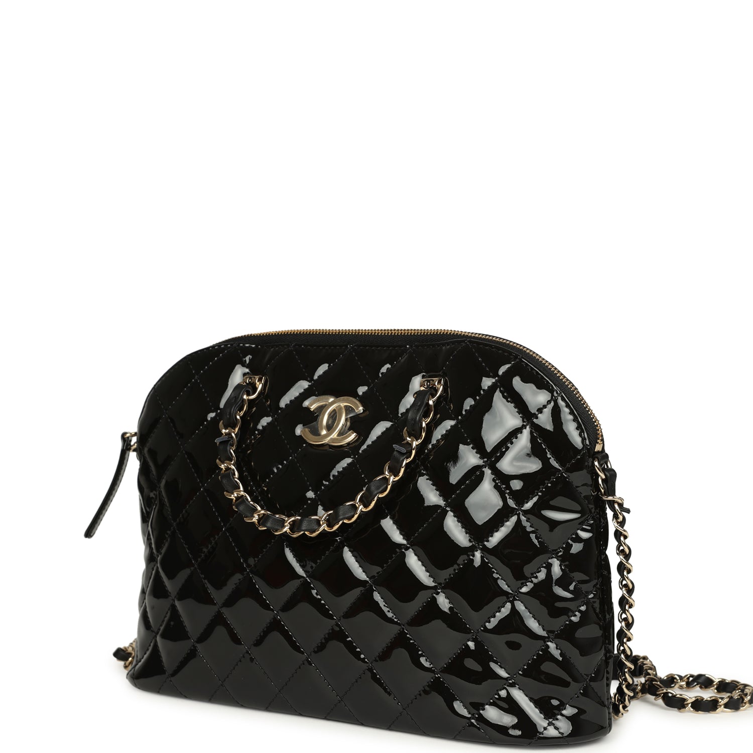 Chanel Top Handle Shopping Bag Black Patent Leather Gold Hardware