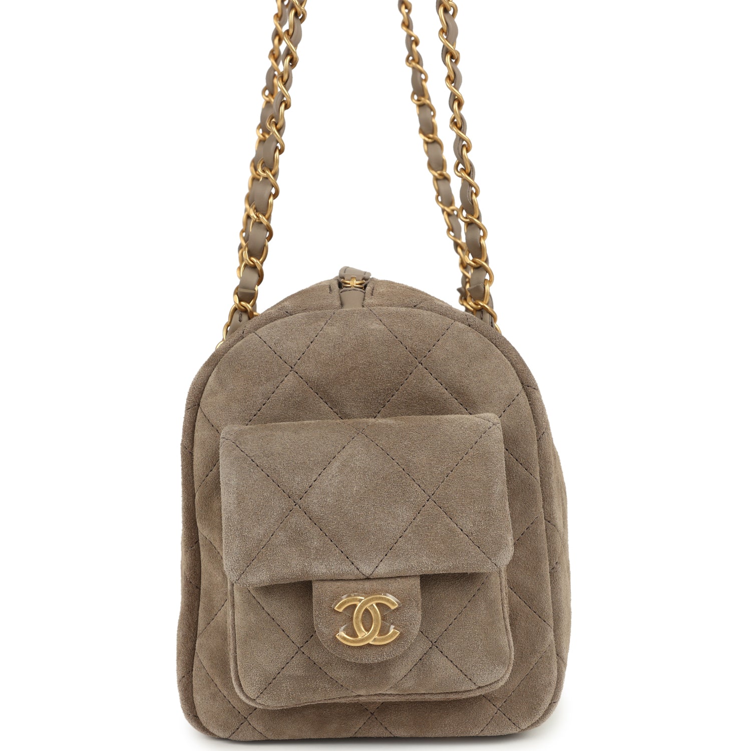 Chanel Small Bowling Bag Dark Grey Suede Antique Gold Hardware