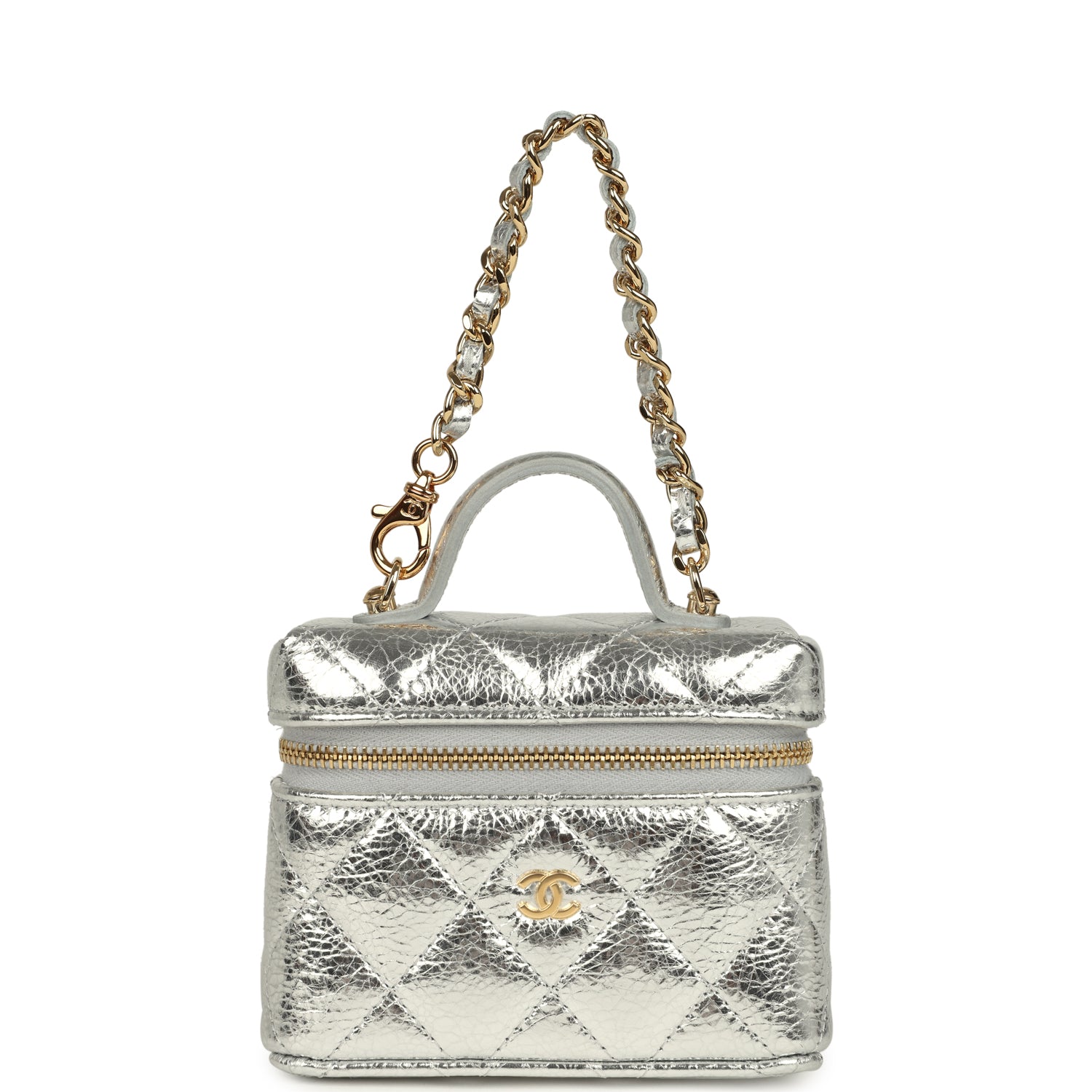 Chanel Micro Top Handle Vanity Case Bag Charm Metallic Silver Aged Calfskin Gold Hardware