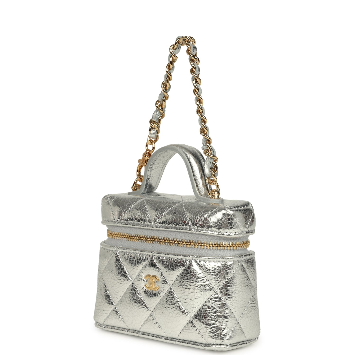 Chanel Micro Top Handle Vanity Case Bag Charm Metallic Silver Aged Calfskin Gold Hardware