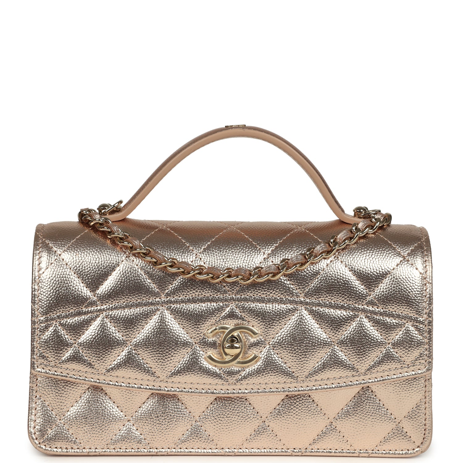 Chanel Top Handle Wallet On Chain WOC Metallic Copper Shiny Caviar Light Gold Hardware