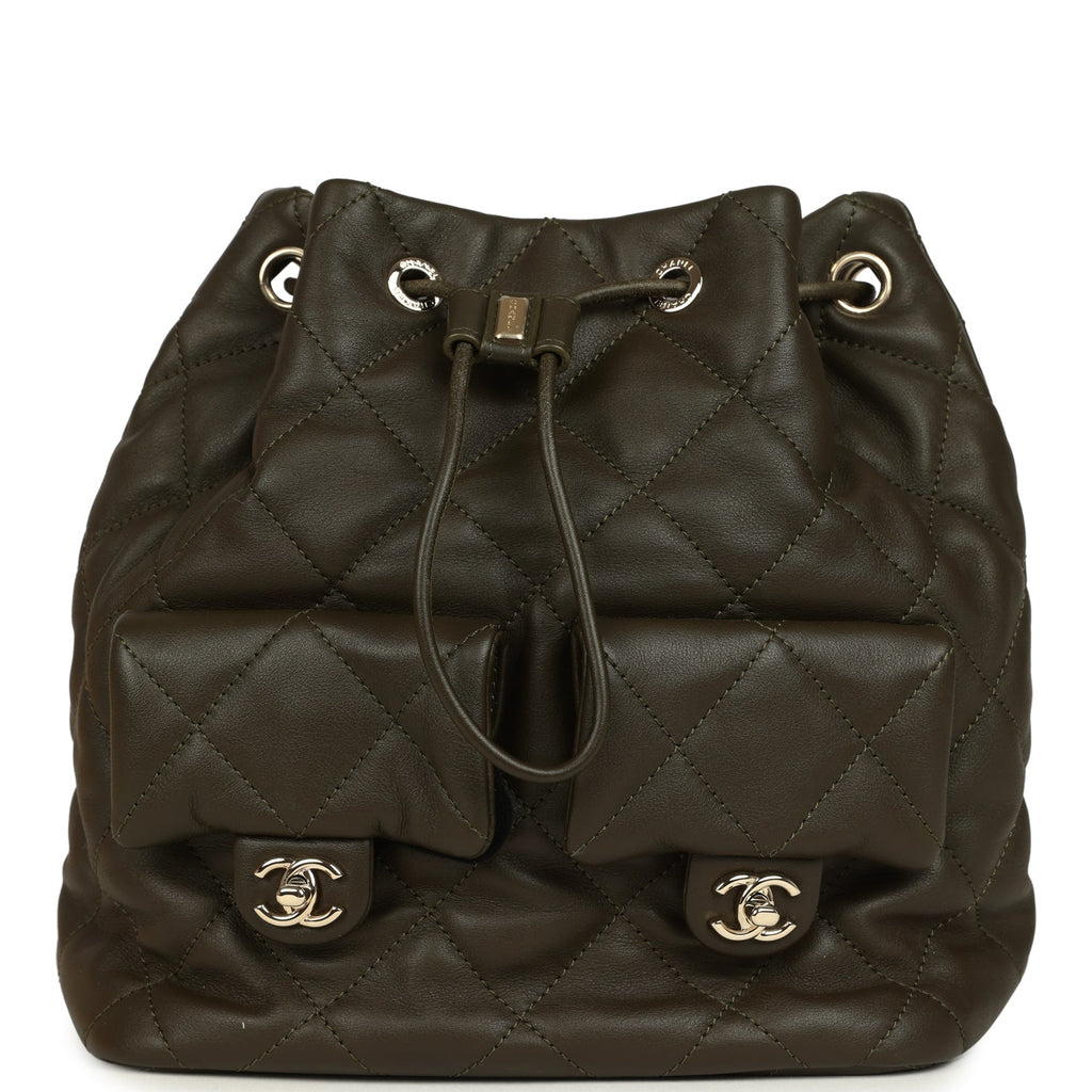 Chanel Mini Duma Drawstring Backpack Khaki Lambskin Light Gold Hardware