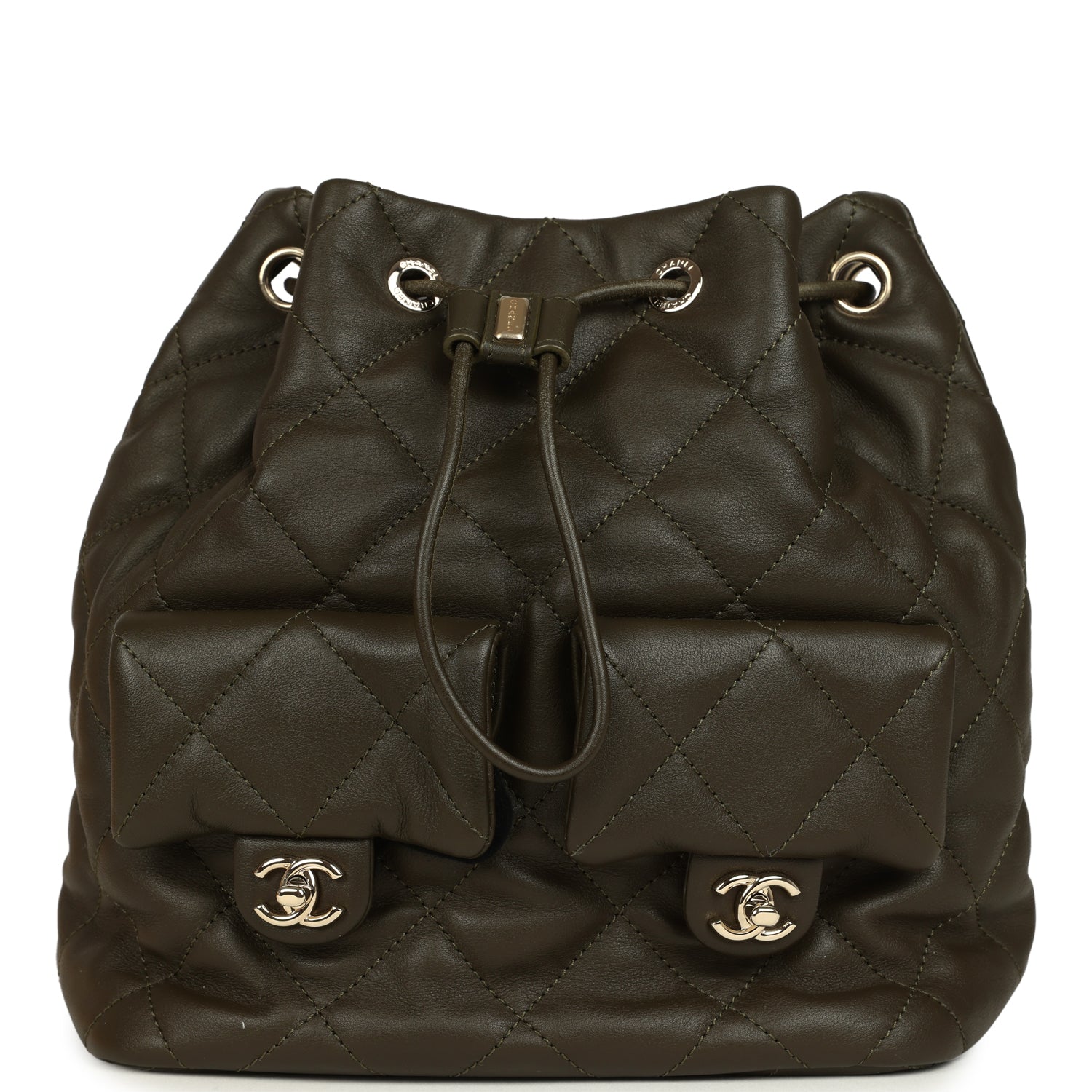 Chanel Mini Duma Drawstring Backpack Khaki Lambskin Light Gold Hardware