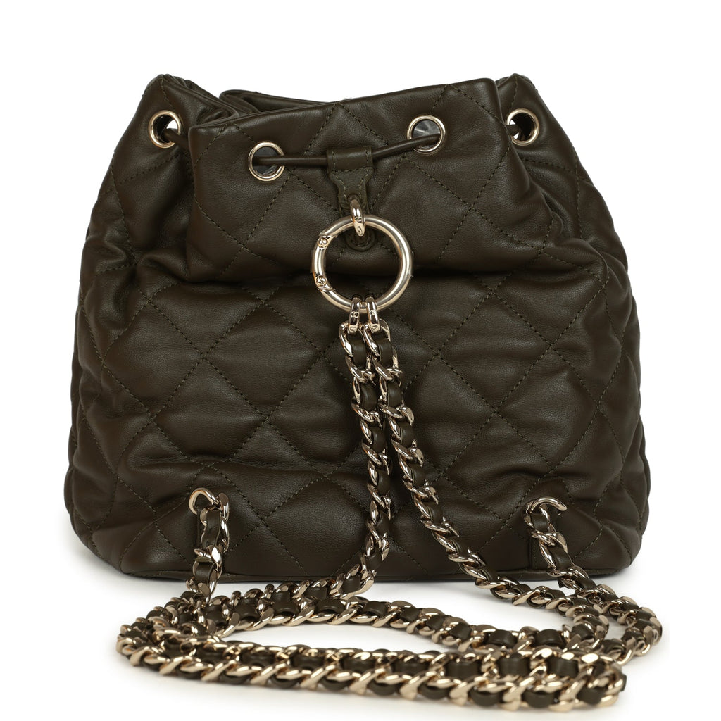 Chanel Mini Duma Drawstring Backpack Khaki Lambskin Light Gold Hardware