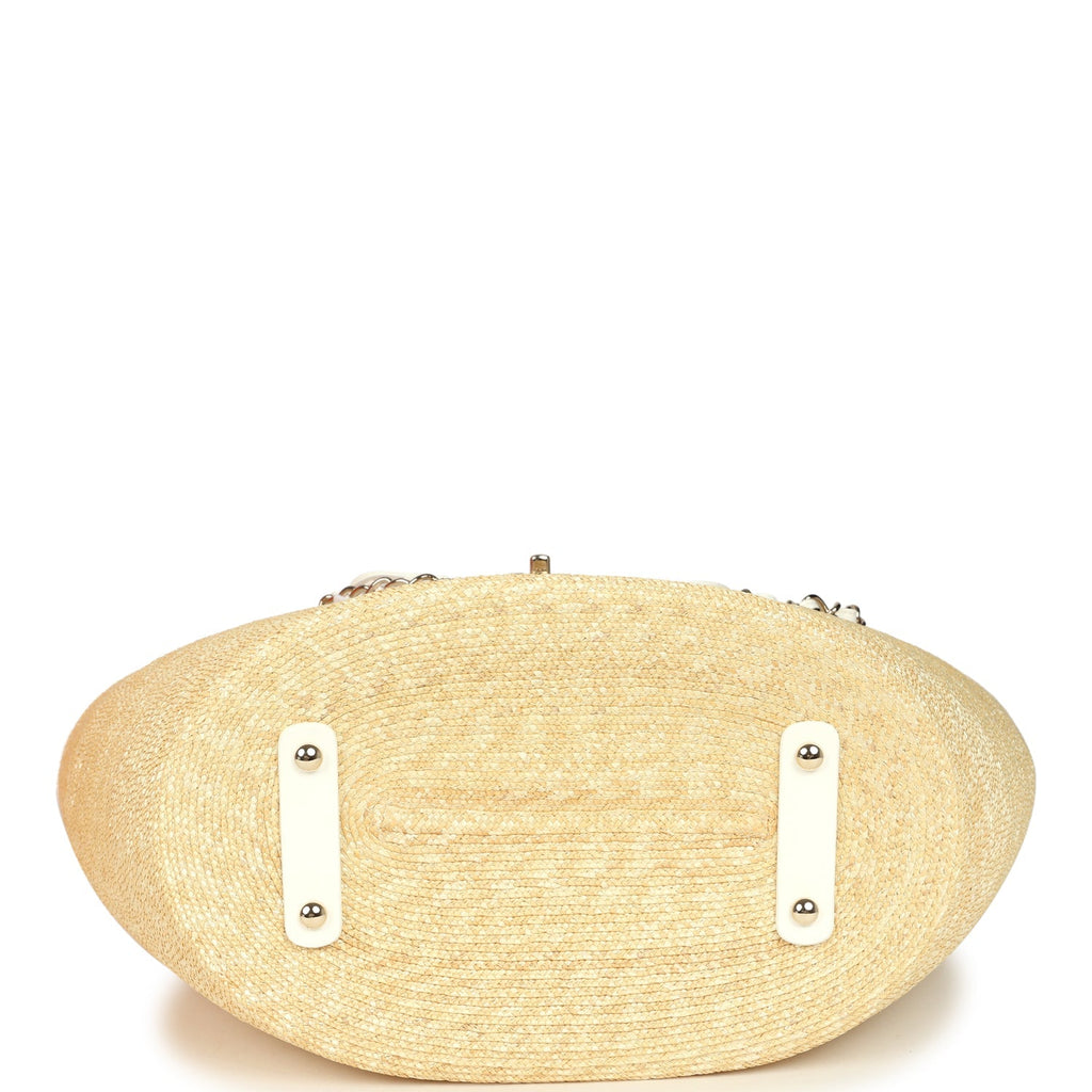 Chanel Large Shopping Tote Bag Beige Raffia and White Lambskin Light Gold Hardware