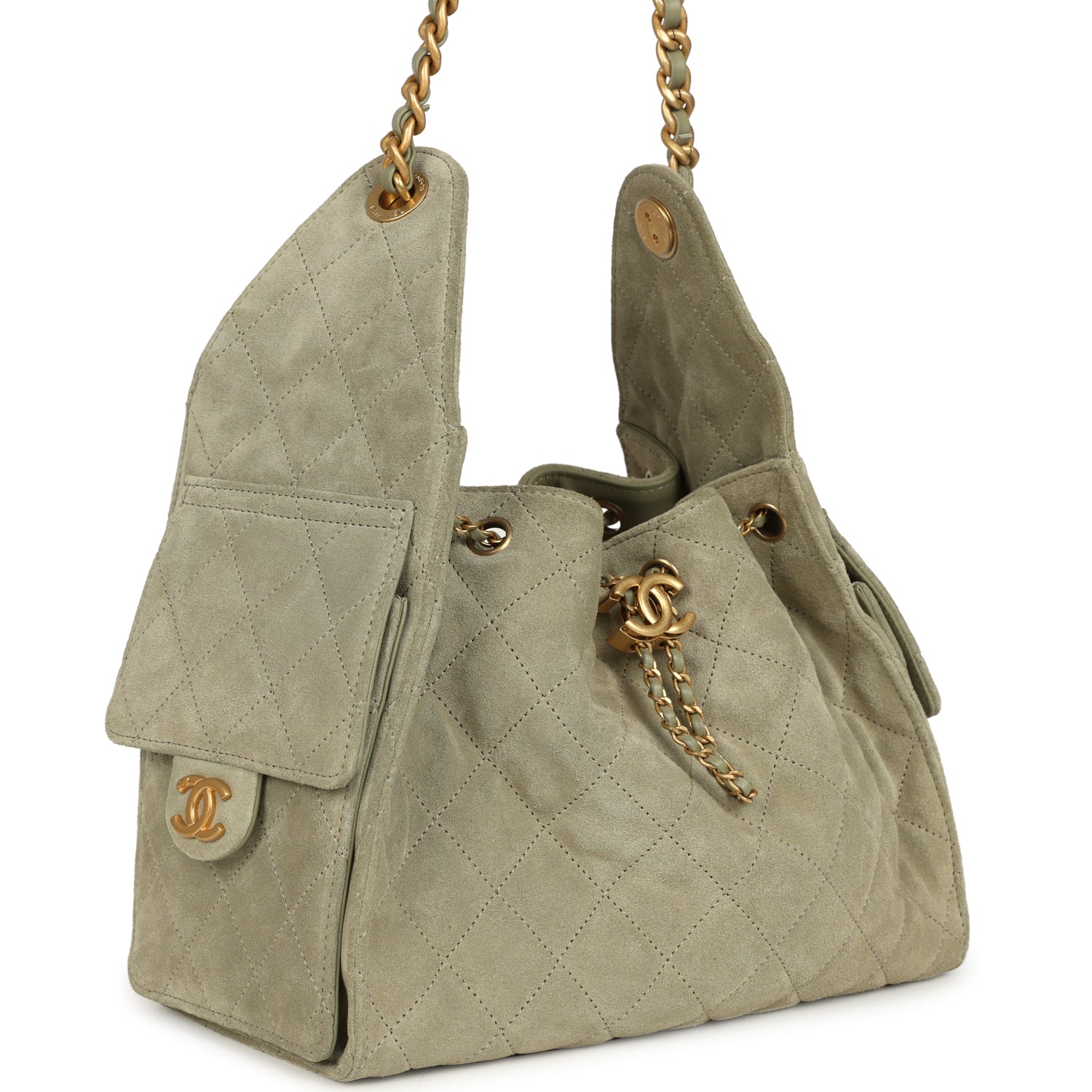 Pre-owned Chanel Small 25 Hobo Bag Olive Green Suede Antique Gold Hardware