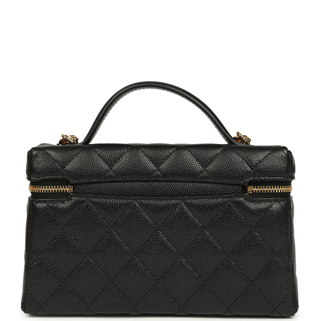 Chanel Top Handle Long Vanity Case with Chain Black Shiny Caviar Gold Hardware