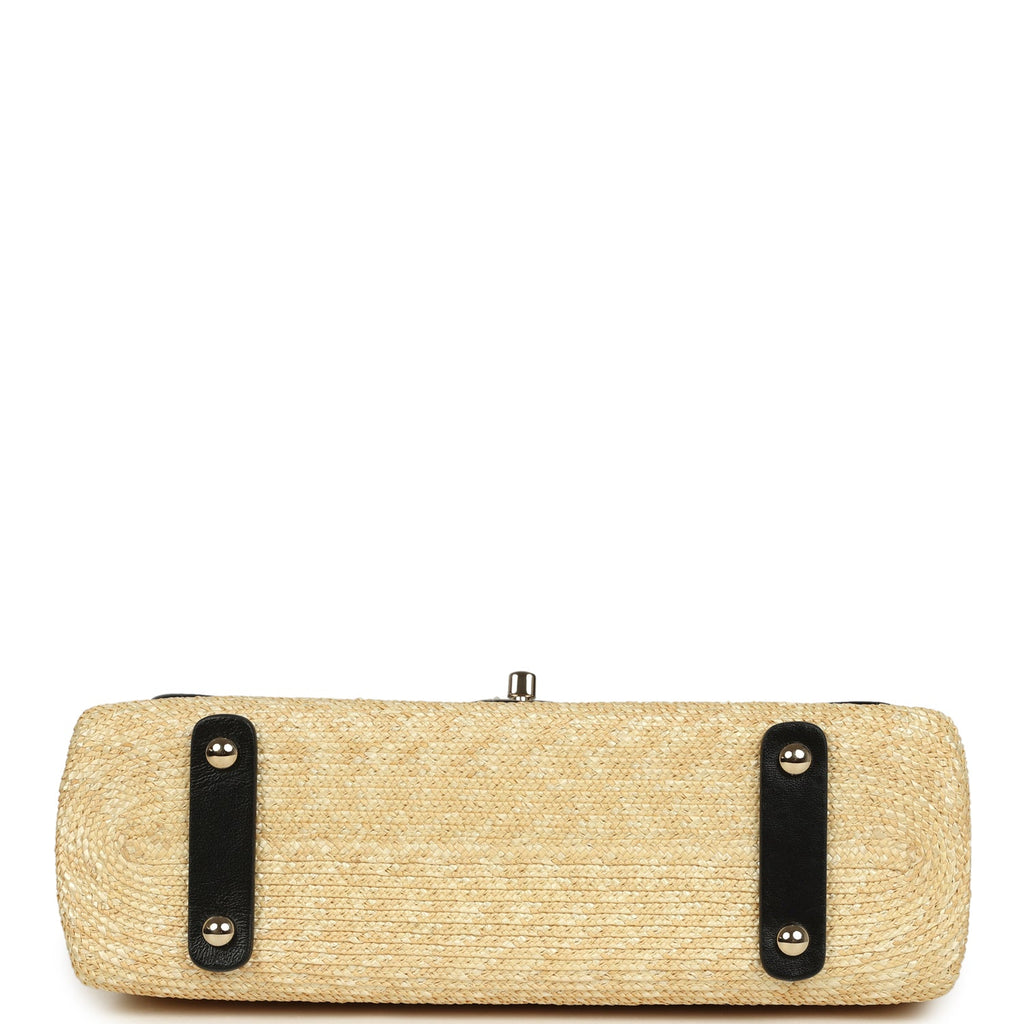 Chanel Large Flap Bag Beige Raffia and Black Lambskin Light Gold Hardware
