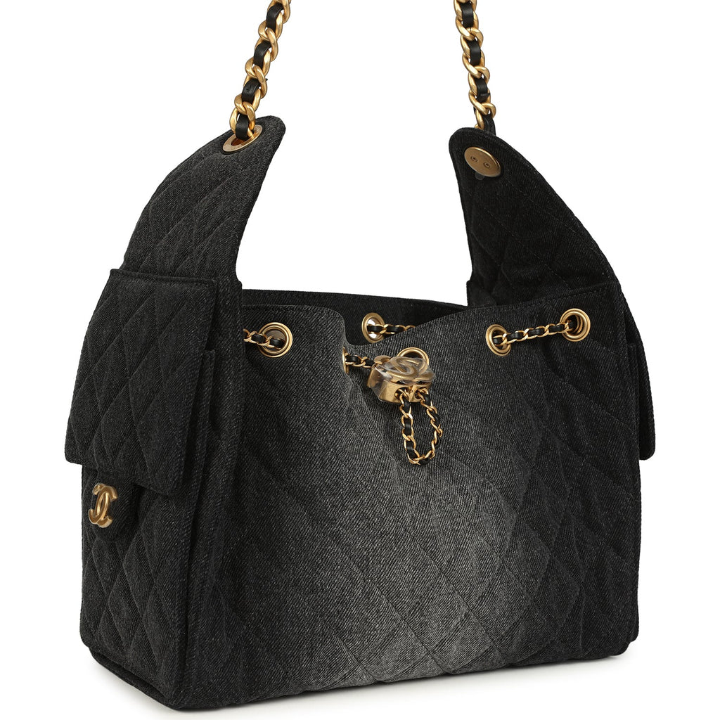 Chanel Small 25 Hobo Bag Black Washed Denim Antique Gold Hardware