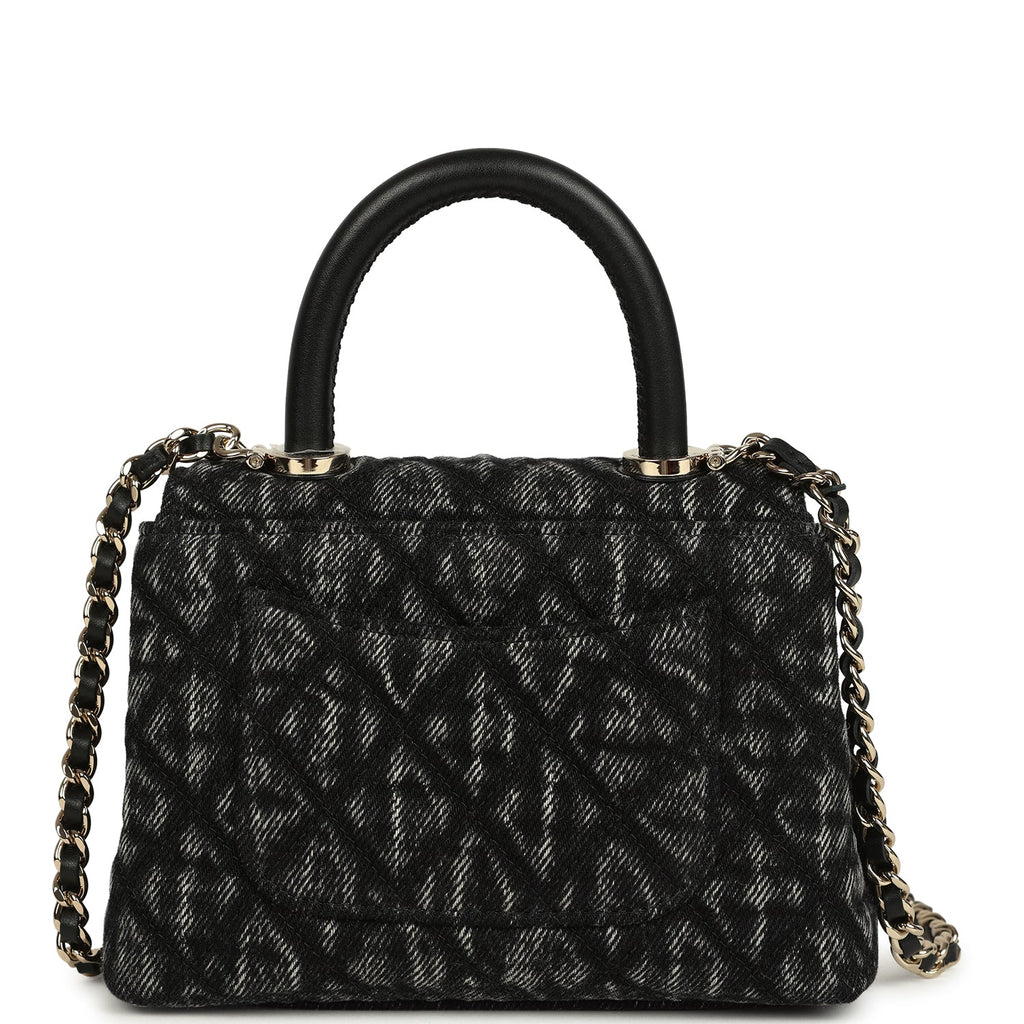 Chanel Nano Coco Top Handle Flap Bag Black Washed Denim Light Gold Hardware