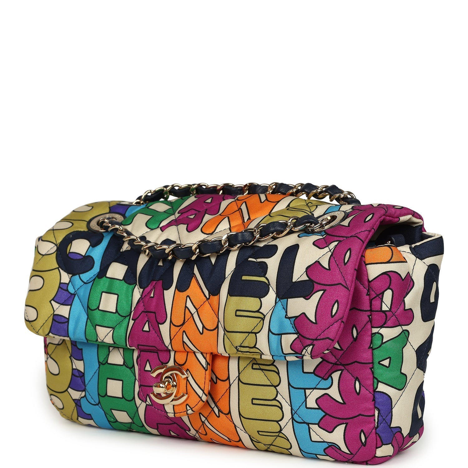 Pre-owned Chanel Medium Logo Flap Bag Rainbow Multicolored Printed Nylon Light Gold Hardware