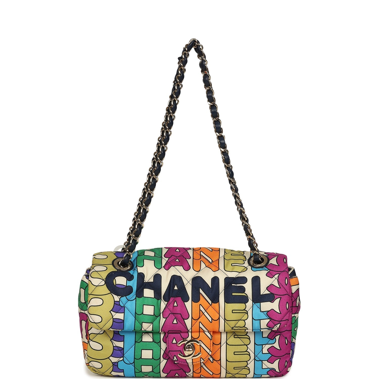 Pre-owned Chanel Medium Logo Flap Bag Rainbow Multicolored Printed Nylon Light Gold Hardware