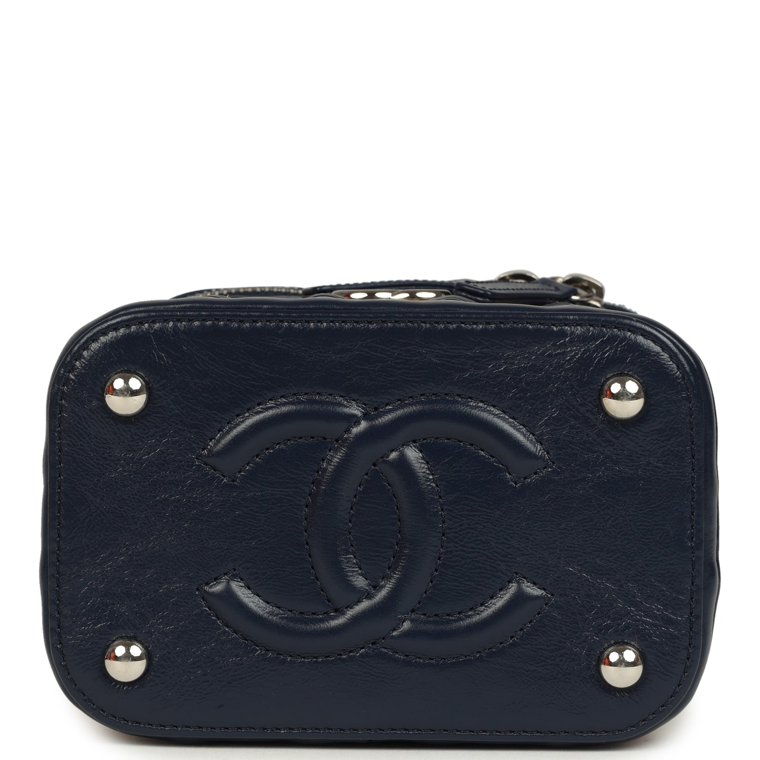 Pre-owned Chanel Small Top Handle Vanity Case Beige Raffia and Navy Calfskin Silver Hardware