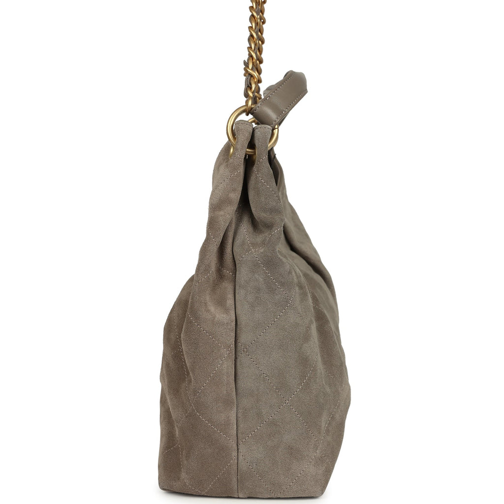 Chanel Maxi Hobo Bag Dark Grey Suede Antique Gold Hardware