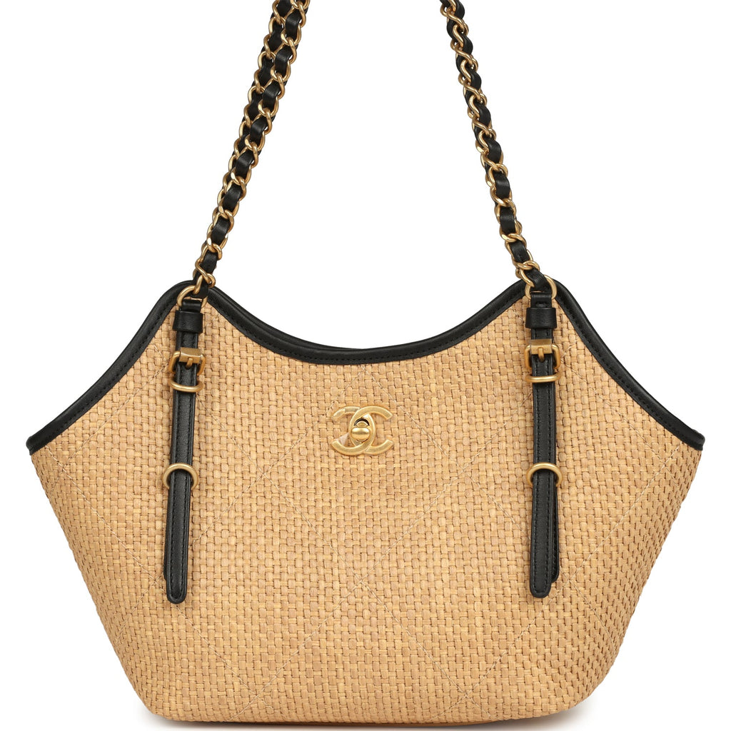 Chanel Small Coco Shopping Bag Raffia and Black Calfskin Antique Gold Hardware