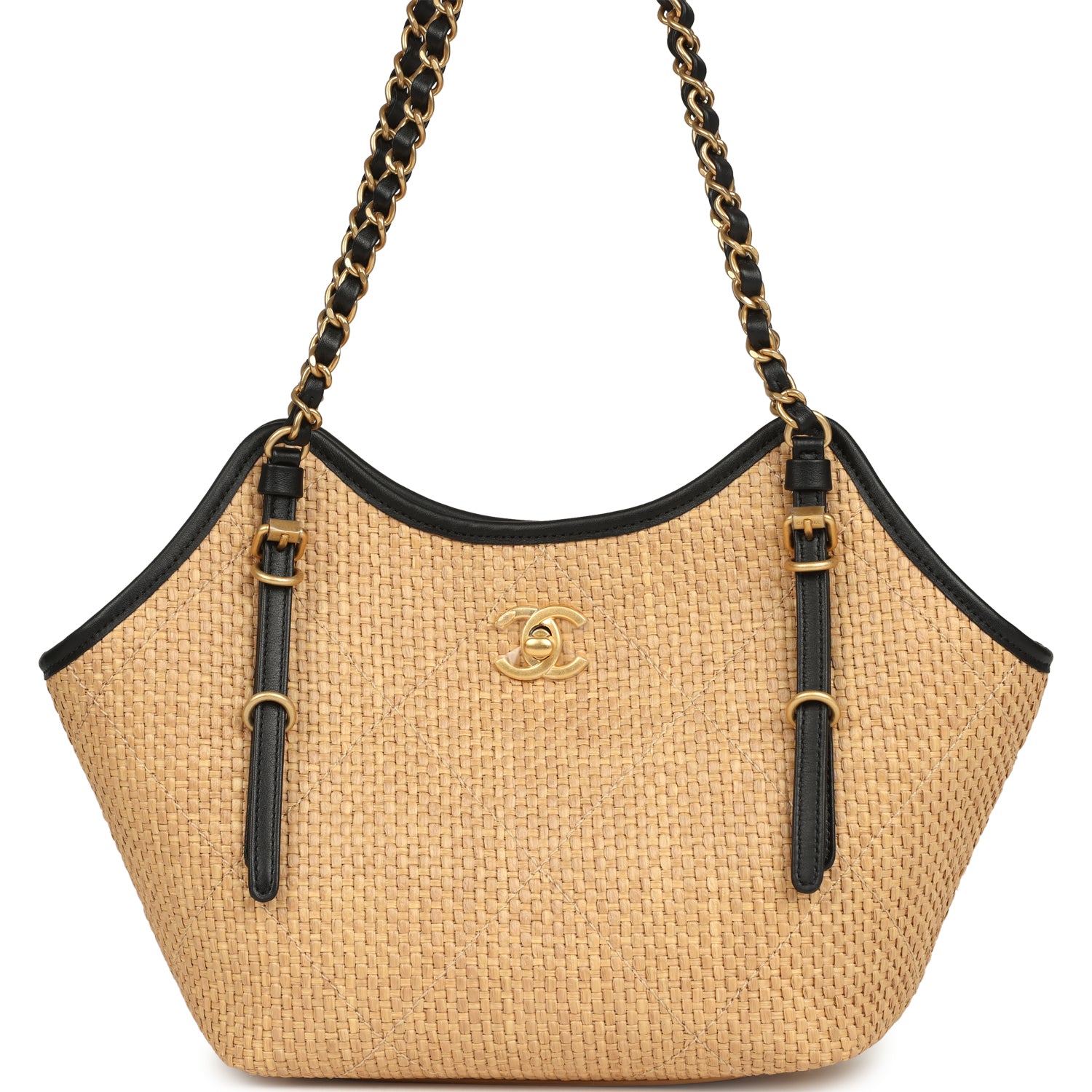 Chanel Small Coco Shopping Bag Raffia and Black Calfskin Antique Gold Hardware