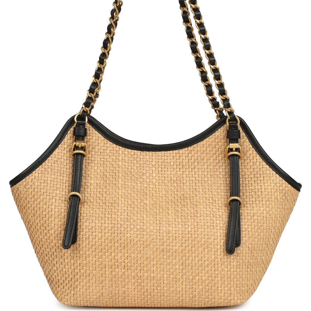 Chanel Small Coco Shopping Bag Raffia and Black Calfskin Antique Gold Hardware