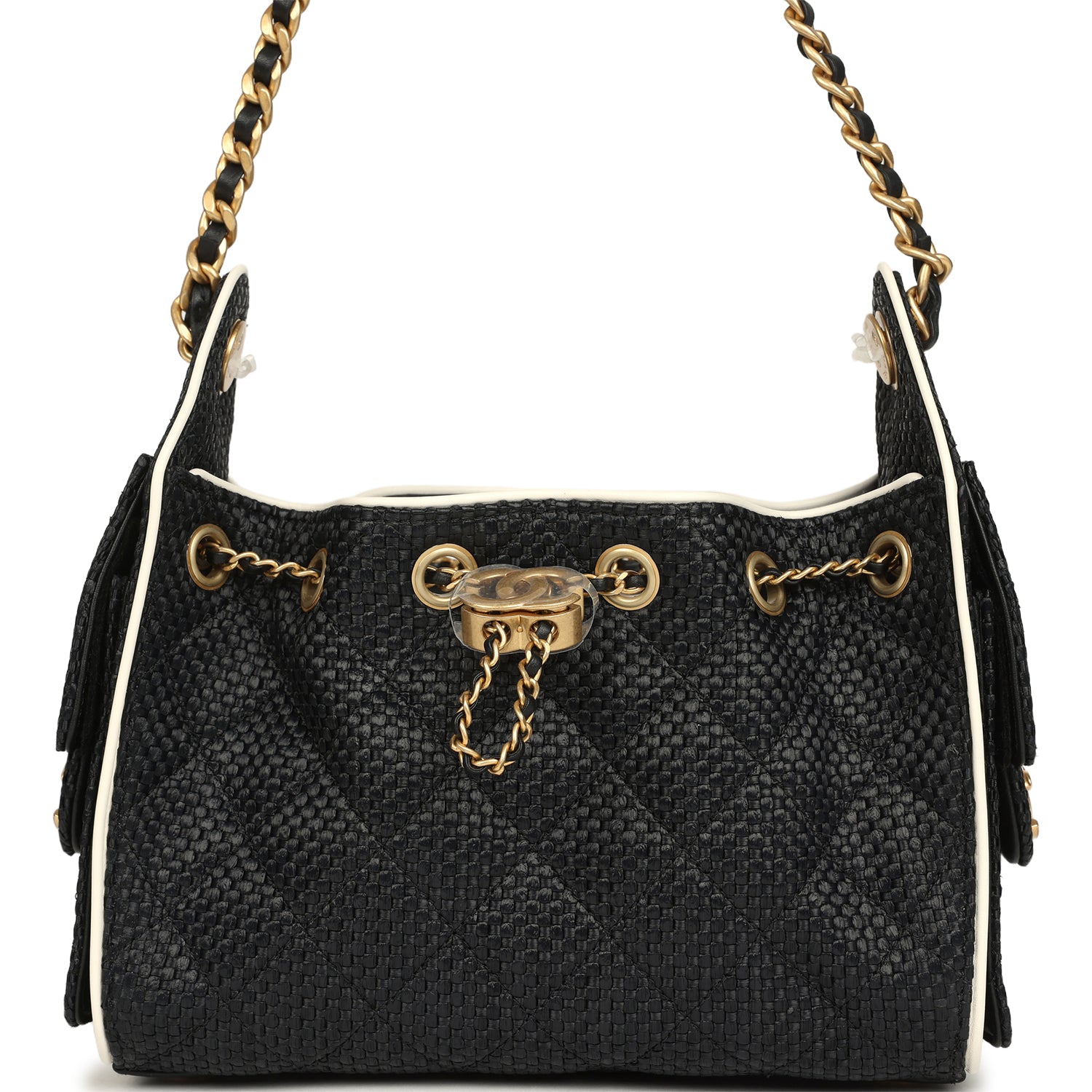 Chanel Mini 25 Hobo Bag Black Raffia and White Calfskin Antique Gold Hardware