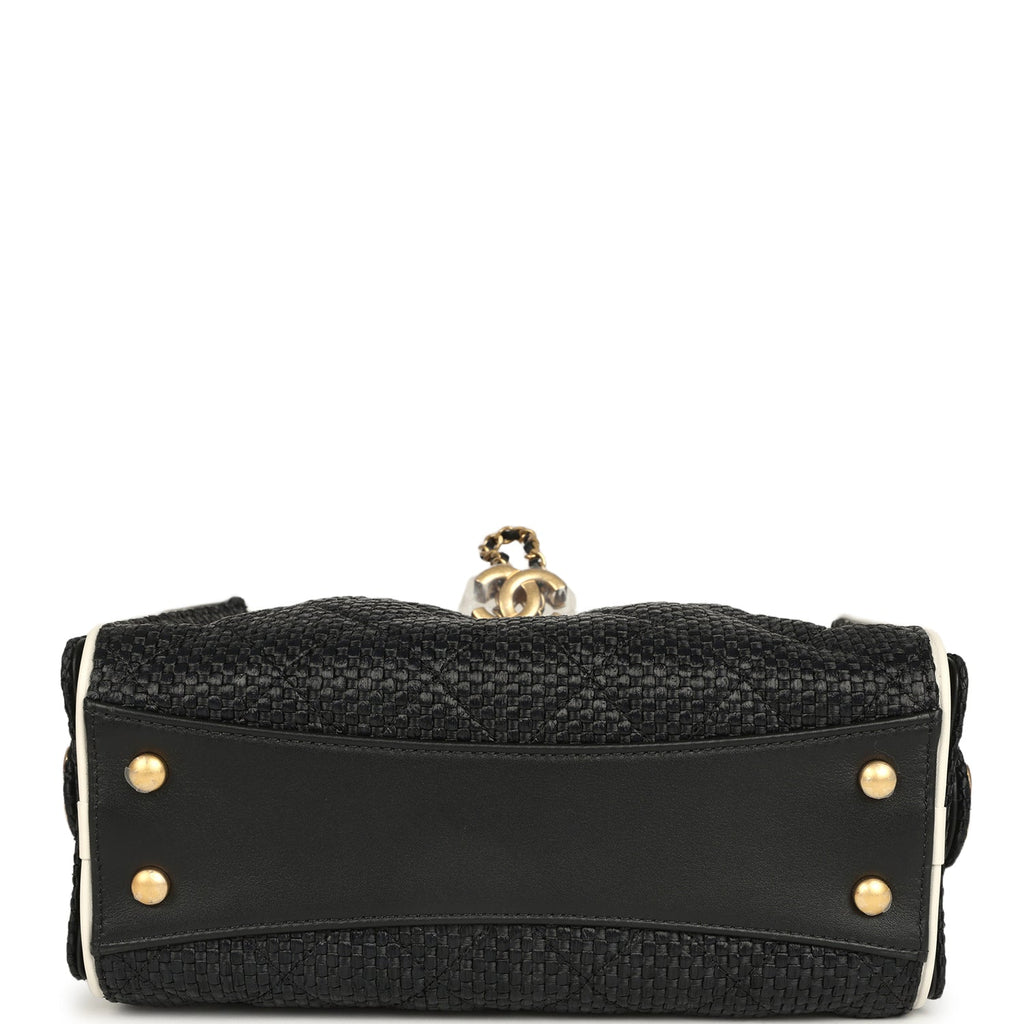 Chanel Mini 25 Hobo Bag Black Raffia and White Calfskin Antique Gold Hardware