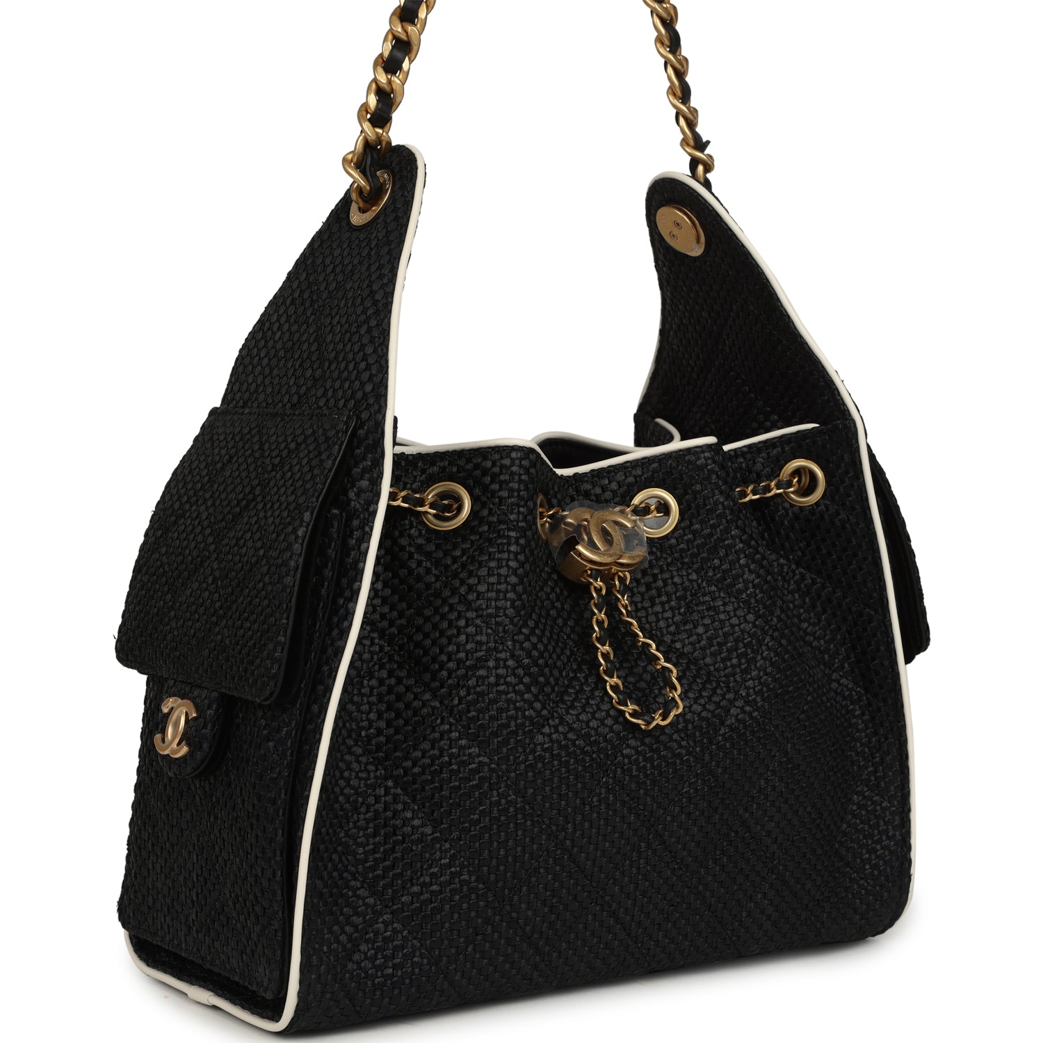 Chanel Small 25 Hobo Bag Black Raffia and White Calfskin Antique Gold Hardware