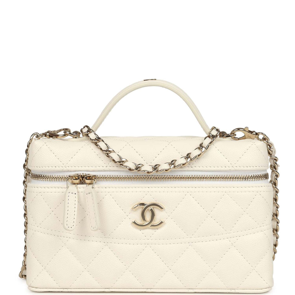 Chanel Trendy Top Handle Long Vanity Case with Chain White Caviar Light Gold Hardware