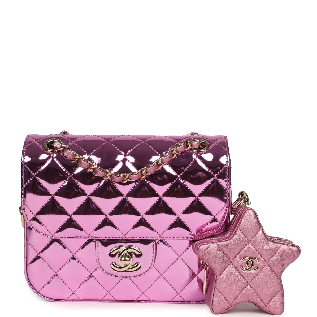 Pre-owned Chanel Mini Flap Bag and Star Coin Purse Pink Mirror Calfskin and Metallic Calfskin Light Gold Hardware